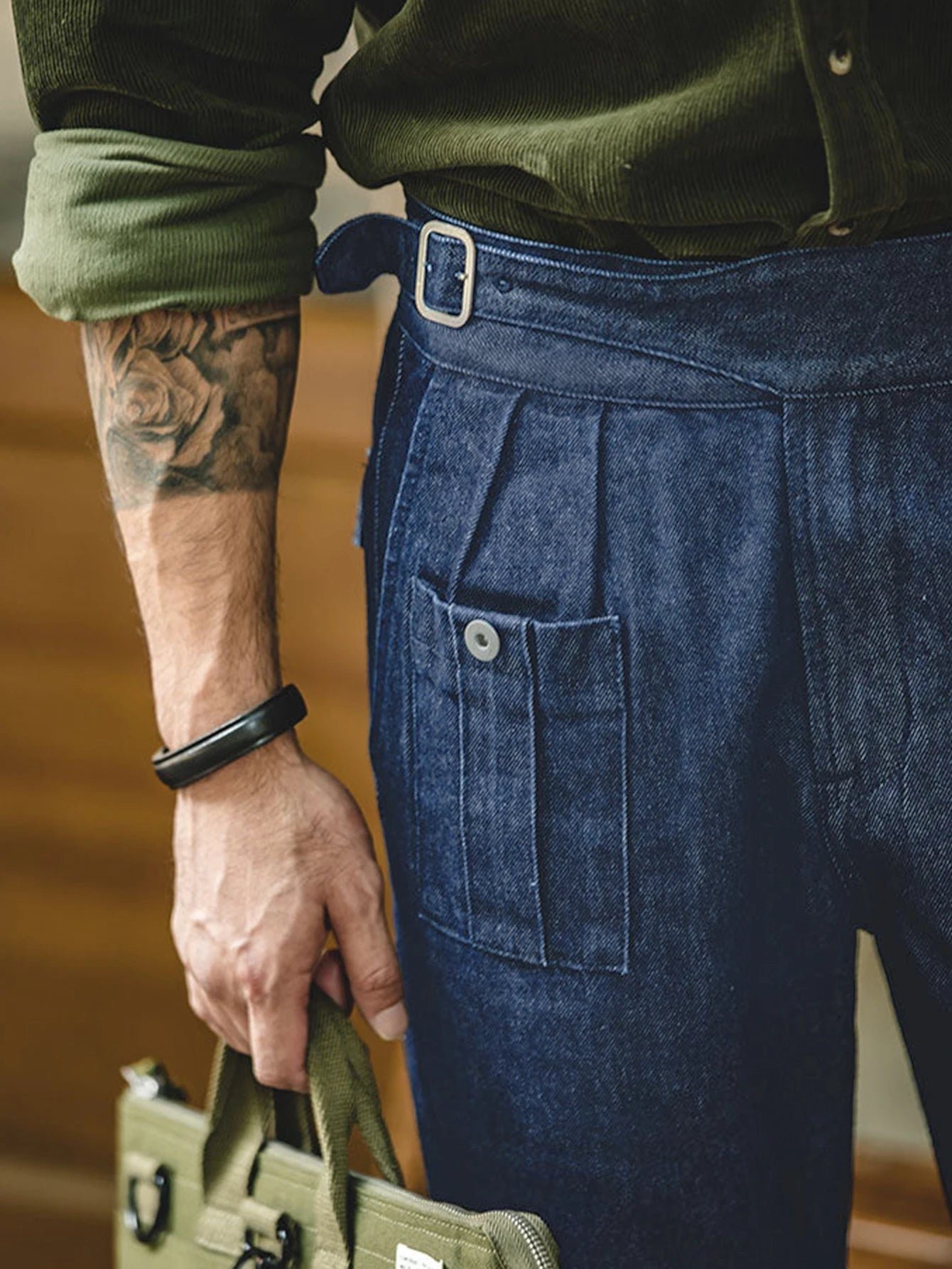 Men High-Waisted Button Suit Pants Elegant Denim Texture Italian Fabric Daily Commuting Wear