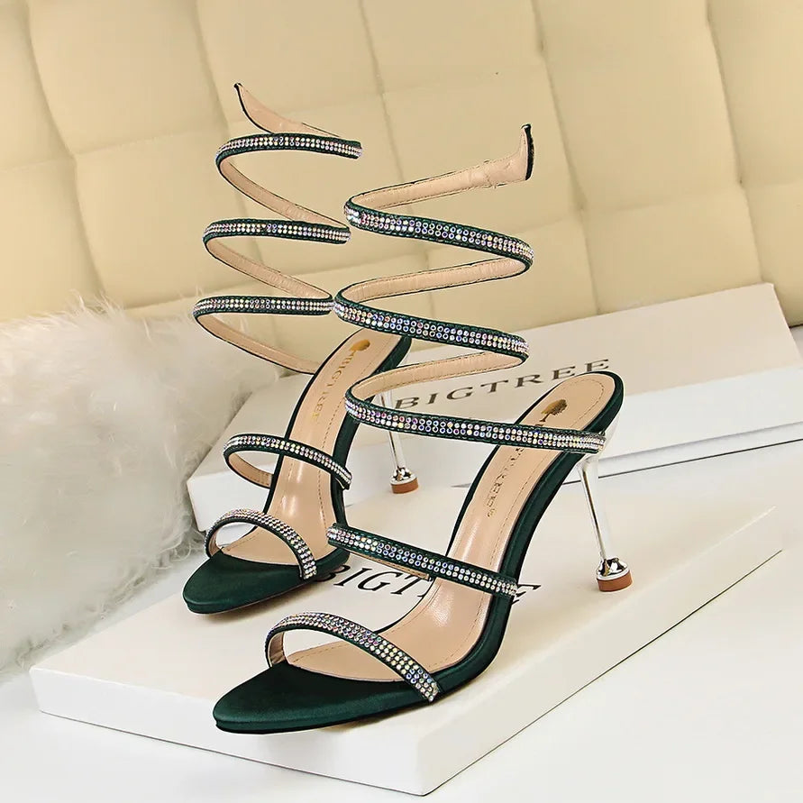 Summer Women 8.5cm High Heels Nightclub Silk Rhinestone Sandals Crystal Ankle Cross Strap Sandles Sexy Strange Gladiator Shoes