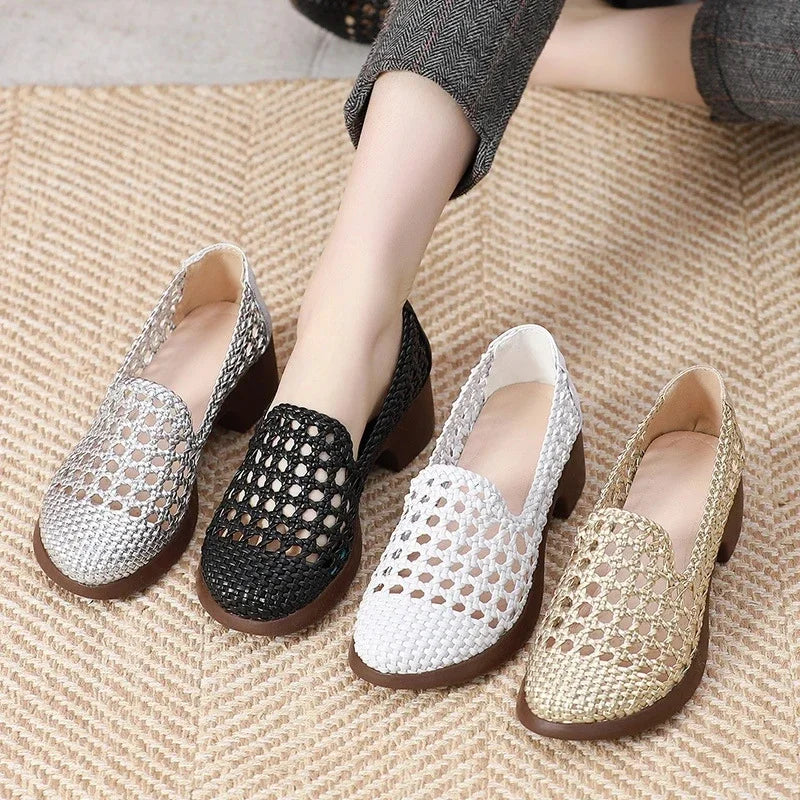Summer Hollow Woven Breathable Shoes Women Sandals Big Size Thick Heels Genuine Leather Shoes Summer Casual Sandals