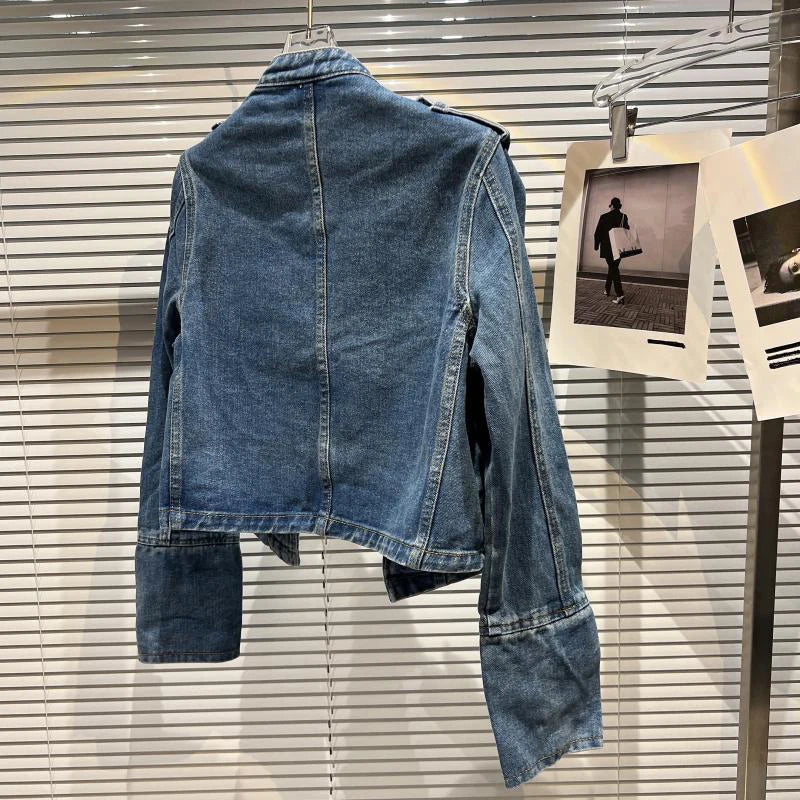 2026 Autumn New Fashion Metal Buckle Design Shoulder Strap Denim Short Jacket For Women High Street Coat Female