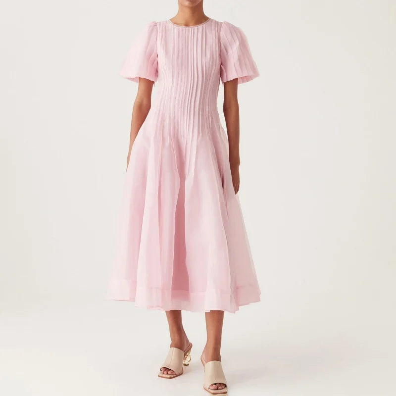 Summer 2025 Women's round NeckDouble Layer FabricHeavy Work Short Sleeve Dress Y2K High Quality Fashion High Street A-Line Skirt