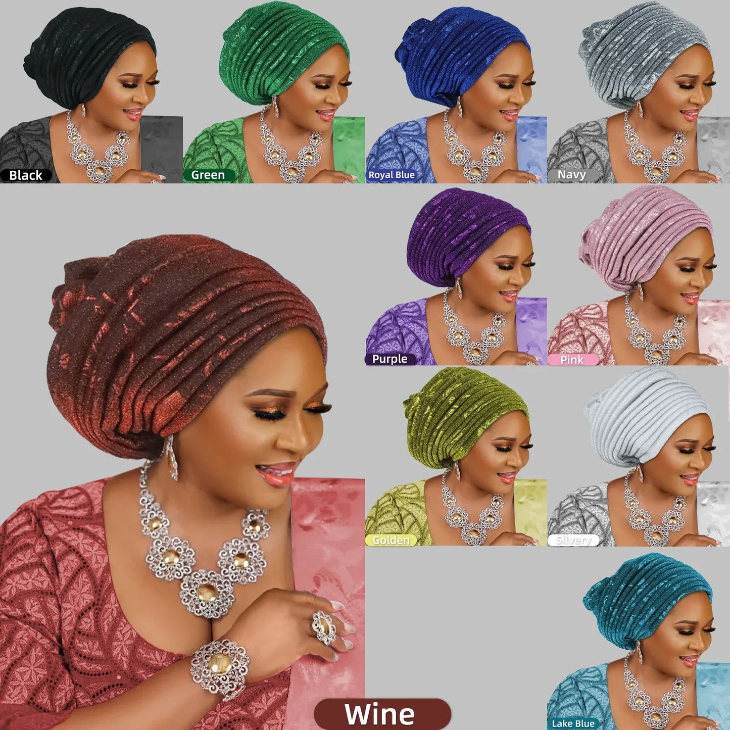 African Lady Headpiece Muslim Headscarf Hat Glitter Fabric Turban Cap for Women Pleated Head Wraps Bonnet