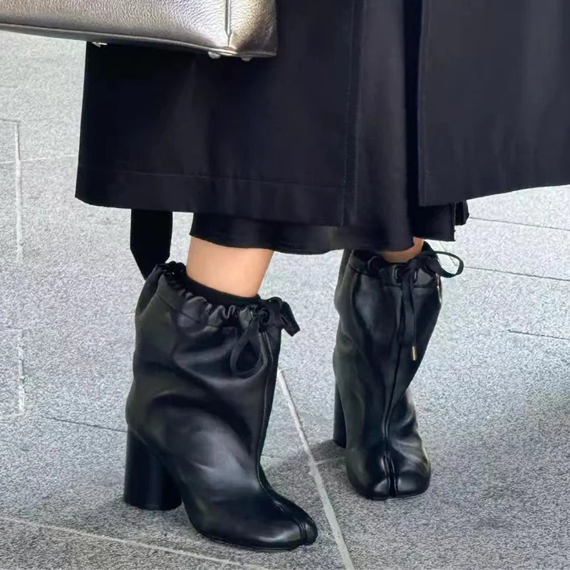 Street Style Fashion Split Toe Women Mid-calf Boots Autumn Winter Genuine Leather Tabi High heels Modern Chunky Booties Shoes