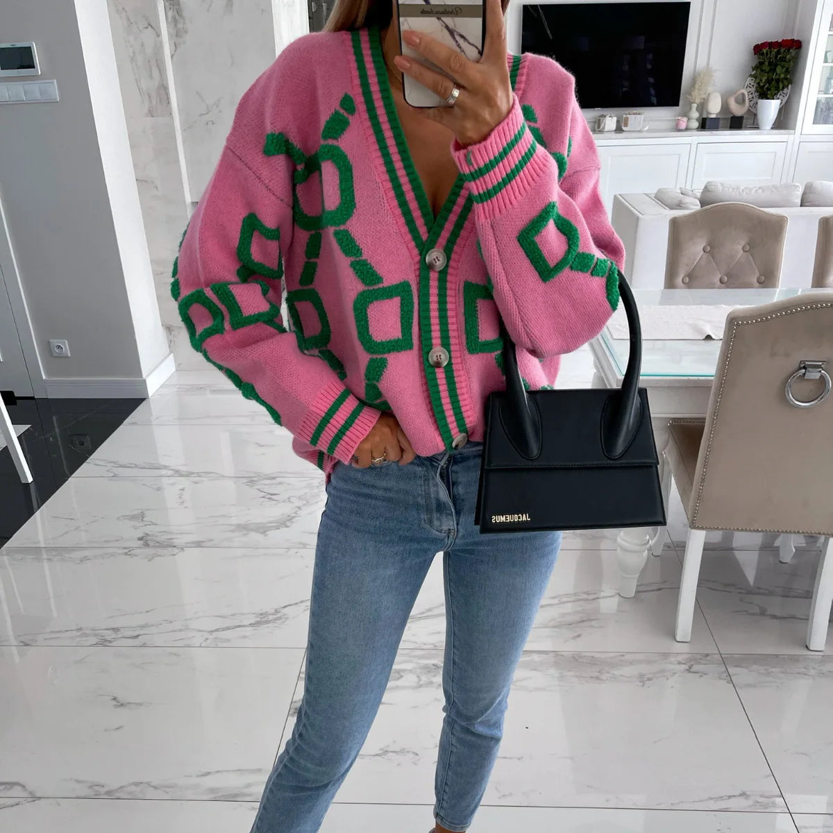 Autumn Winter Jacquard Knitted Coat Women Fashion V-neck Long Sleeve Single Breasted Knitting Cardigan Coats Female Streetwear