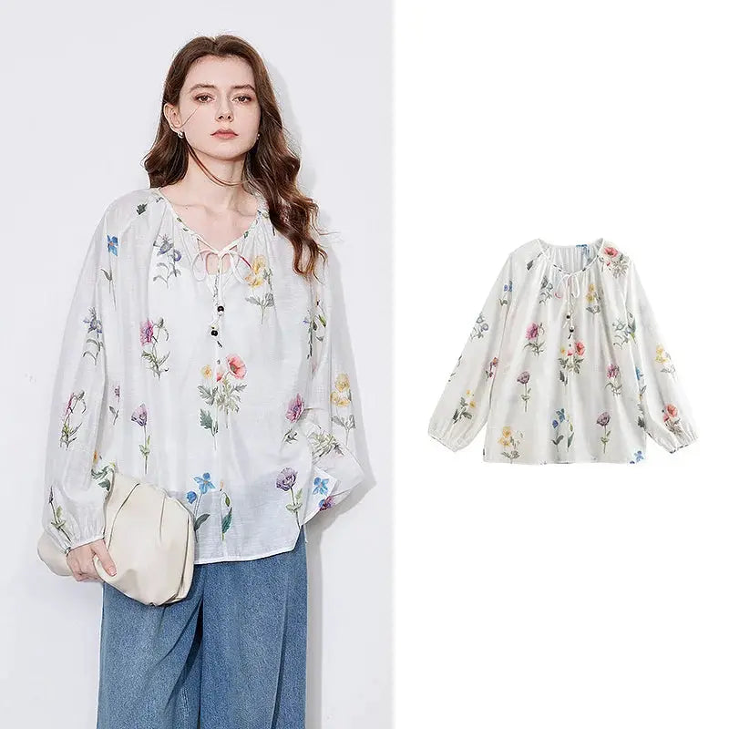 TOYOUTH Women Blouse Shirt 2025 Spring New Linen Floral Printed Velvet Casual Pullover Tops BAZAARHUBO