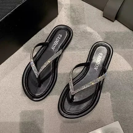 Lady New Luxury Crystal Thongs Shoes Flats Summer Flip Flops For Girls Outdoor Simple Leisure Slippers In Gold Silver 35-43 25cm