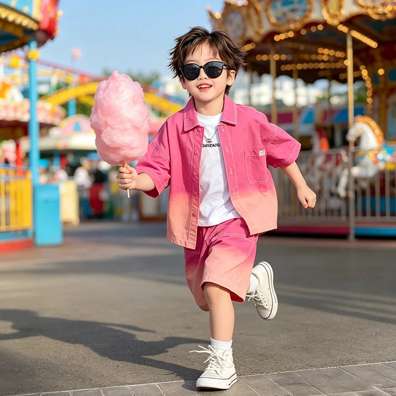 2026 New Boys Fashion Gradient Pink Shirt Shorts Set Loose Fit Casual Kids Two Piece Outfit Breathable Children's Streetwear 3-8