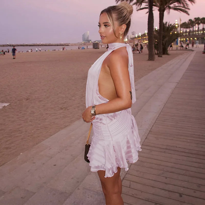Stunning Shiny Ruffles Lace Up Mini Dress Women's Chic Loose Hollow Out A-line Pleated Vestidos 2026 New Lady Summer Party Gowns