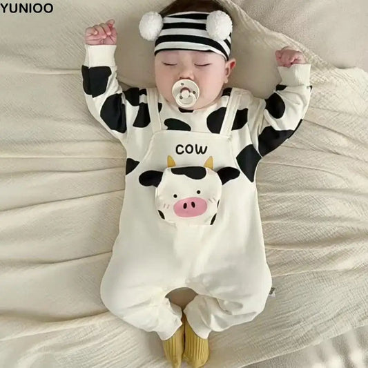 Kids Fashion Long Pants Cow Baby Romper Casual Outfit Infant False Two-pieces Jumpsuit Soft Cotton Newborn Jumpsuit Boy Girl