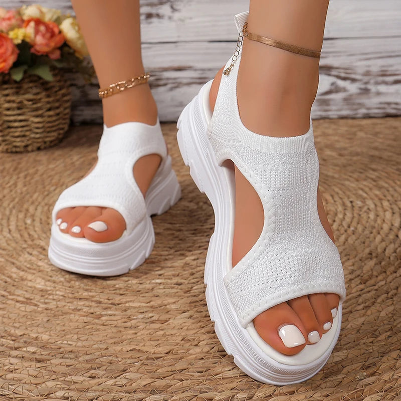 Hollow Out Knit Platform Sandals for Women 2025 Summer Fashion Breathable Sports Sandals Woman Thick Sole Non Slip Walking Shoes