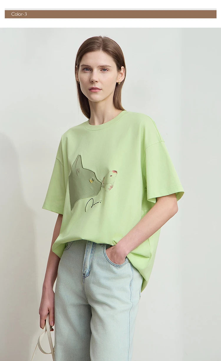 AMII Summer Casual T-shirt for Women 2025 Print Round Neck Short Sleeve Shirts Lady Fashion New Loose Clothes Woman 12522007
