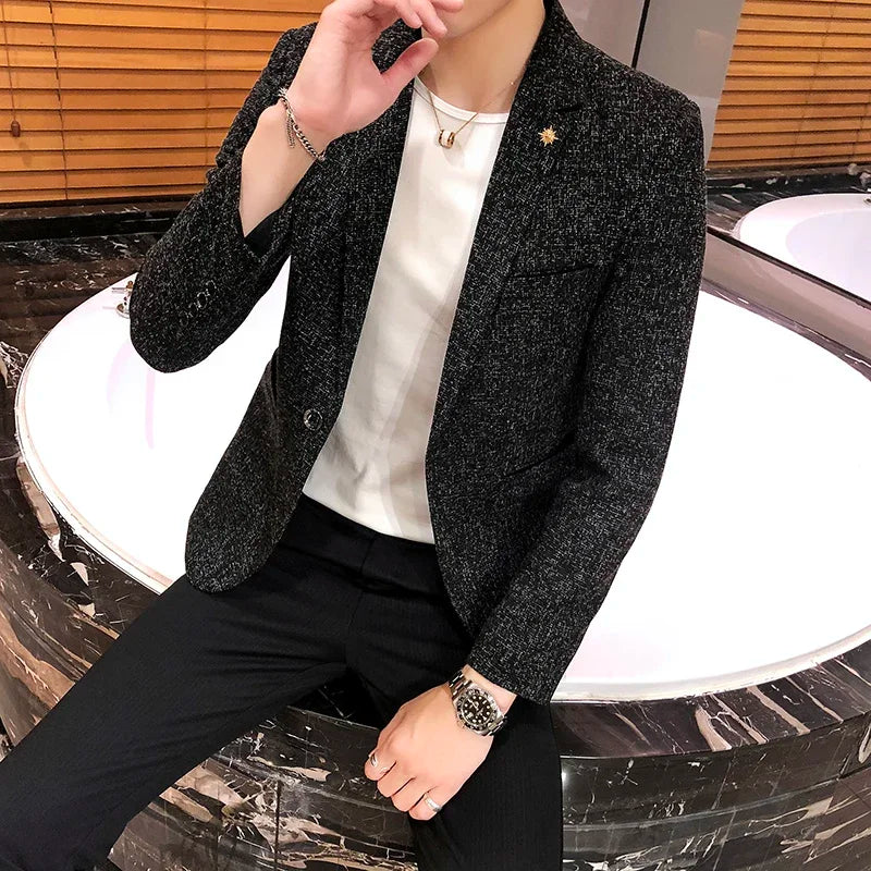 Spring and Autumn New Boutique Japanese Style Print Stand Collar Mens Casual Jacket Slim Male Coat Male Plaid Suit Jacket Blazer