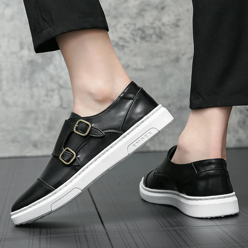 Italy Men Double Buckle Casual Shoes Autumn Leather Loafers Office Shoes for Men Driving Business Comfortable Slip on Shoes Men