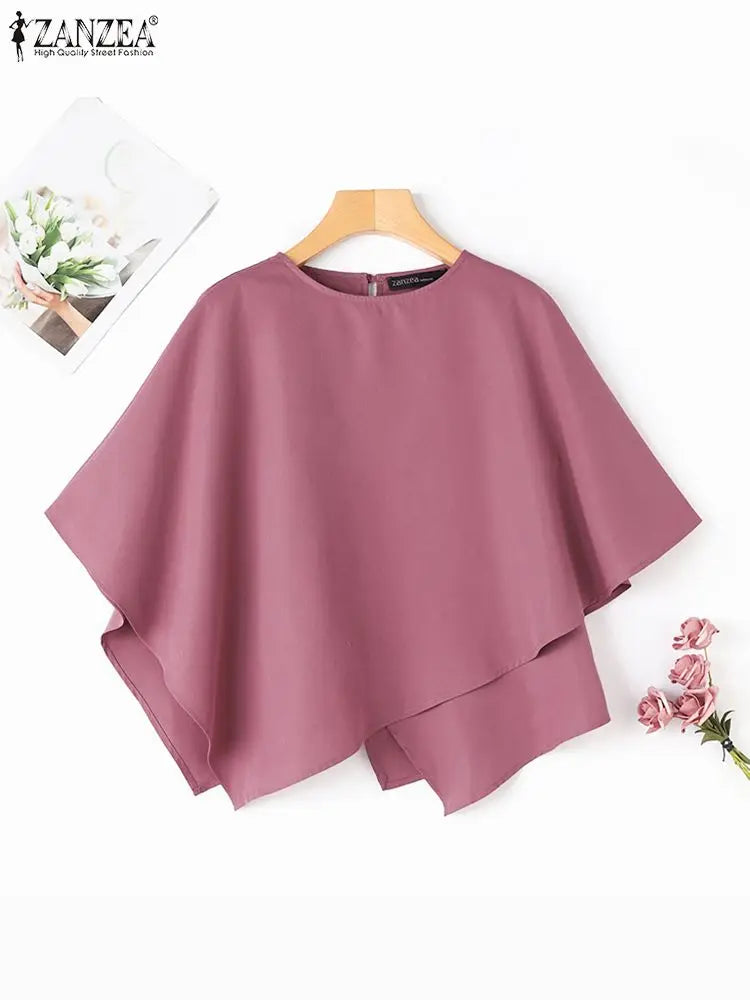 ZANZEA Women Fashion Blouse Chic 3/4 Sleeve Ruffle Hem Top Shirt 2025 Summer Round Neck Loose Blusa Elegant Irregular Work Tunic
