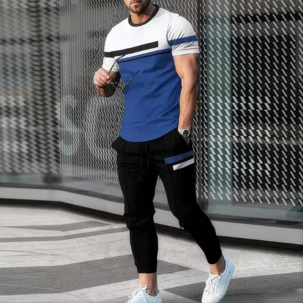 Men's sports set 2-piece jogging suit 3D printed summer fashion new style fun smile short sleeved men's T-shirt+pants