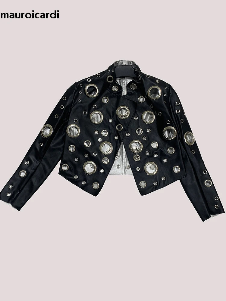 Mauroicardi Spring Short Hollow Out Patchwork Short Pu Leather Jacket Women Cool Luxury Designer European Style Clothes Fashion