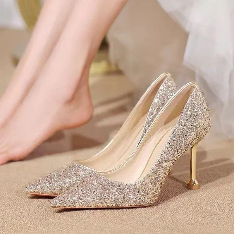 2025 New Women Pumps High Heel Metal Pointed Toe Shallow Sexy Ladies Bling Bridal Wedding Women Shoes White High Heels