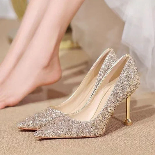 2025 New Women Pumps High Heel Metal Pointed Toe Shallow Sexy Ladies Bling Bridal Wedding Women Shoes White High Heels