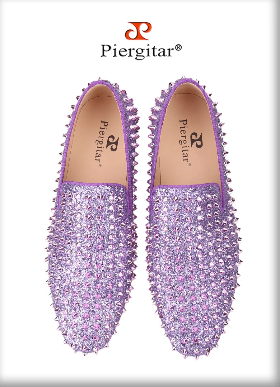 Piergitar Handmade Purple Spikes Men's Loafers For Party and Banquet Wear CL Same Classic Model Red Outsole Slip-On Flats