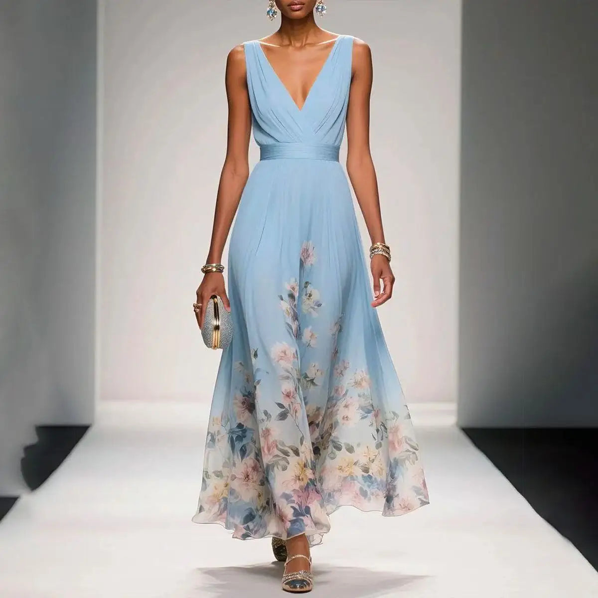 New Fashion Party Dresses Summer Women's Sexy Deep V Neck Floral Print Ruffle Sleeveless High Waist A Line Beach Dress Vestidos