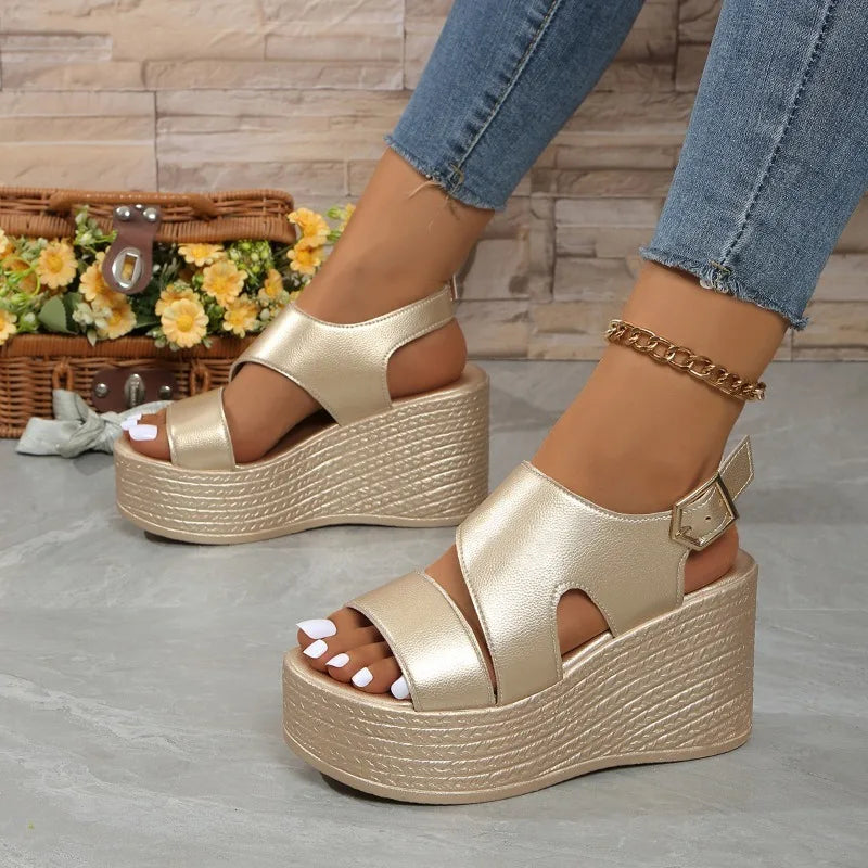 Open-toe slope sandals leather strap Roman shoes 2025 summer fashion lightweight thick sole non-slip high heels women's shoes