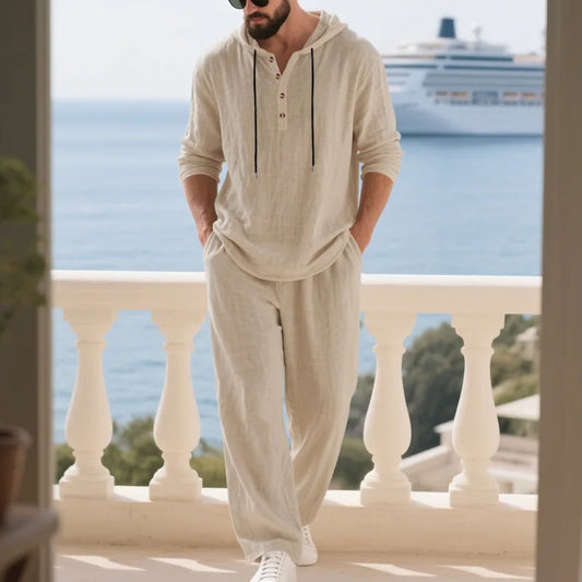 New Men's Linen Hooded Pullover Set - Loose Fit, Comfortable Casual Long-Sleeved Shirt and Wide-Leg Pants - Summer Beach Wear