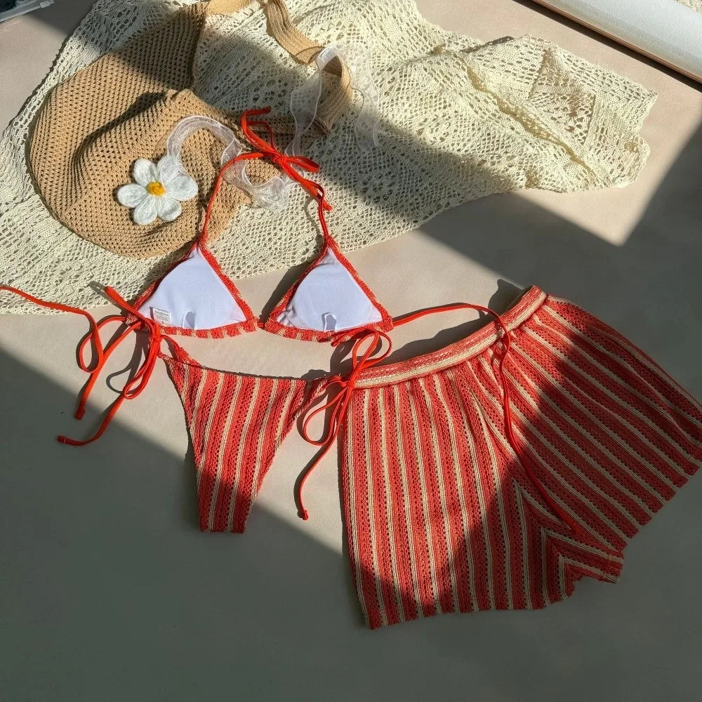 Casual Stripes 3 in 1 Swimwear Set Sleeveless Slim Fit Bikini Bathing Suit Lace Up Deep-V Knitting Swimsuit Beach