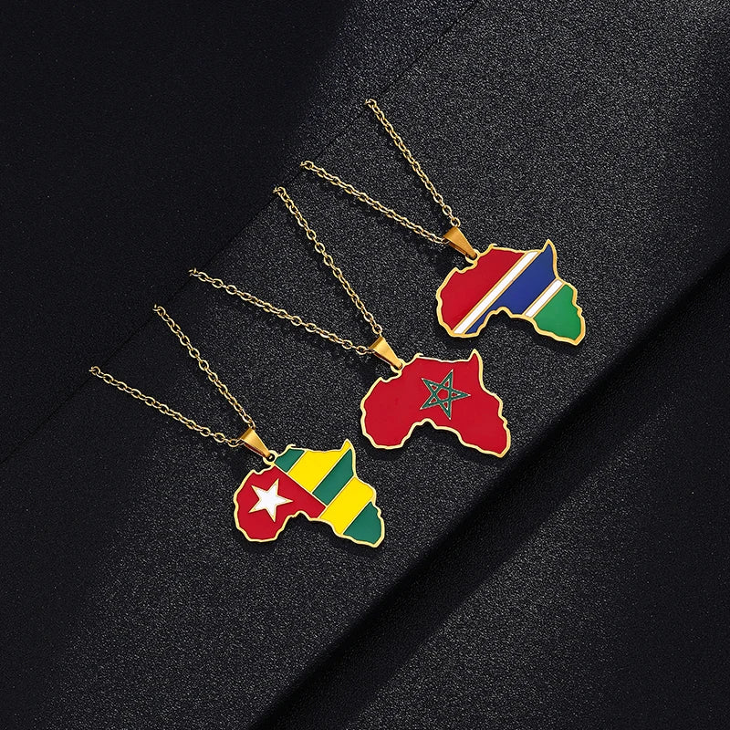African Map Flag Pendant Necklace Stainless Steel Men Women Rwanda Sudan Uganda Zimbabwe Zambia Ethnic Maps Jewelry Gift