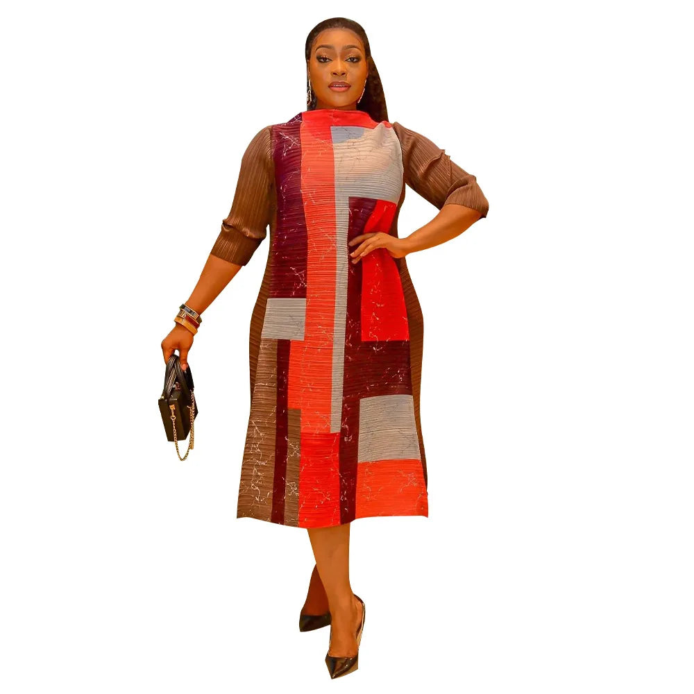 African Dresses for Women Summer Fashion Style African 3/4 Sleeve Polyester O-neck Pleated Dress Dashiki African Clothes Women