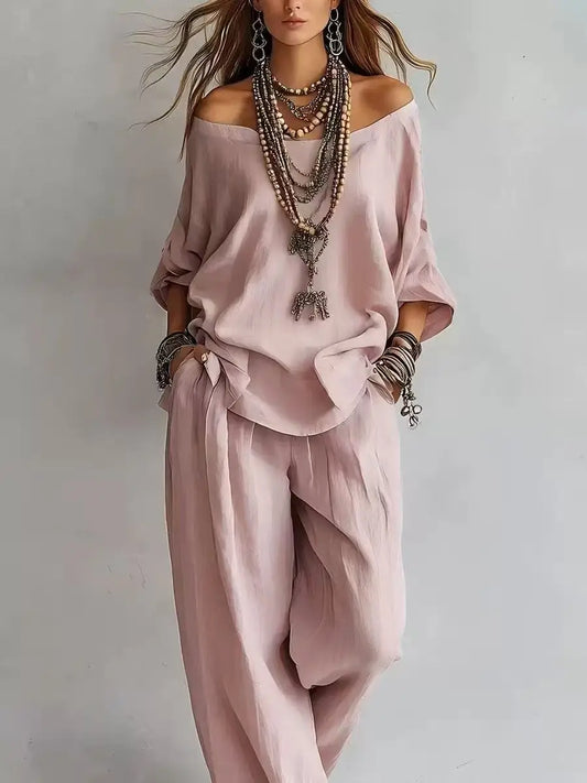 Women's Casual Cotton Linen Loose One-Shoulder Wide Leg Pants Two-Piece Set New Arrival Cross-Border European and American Style