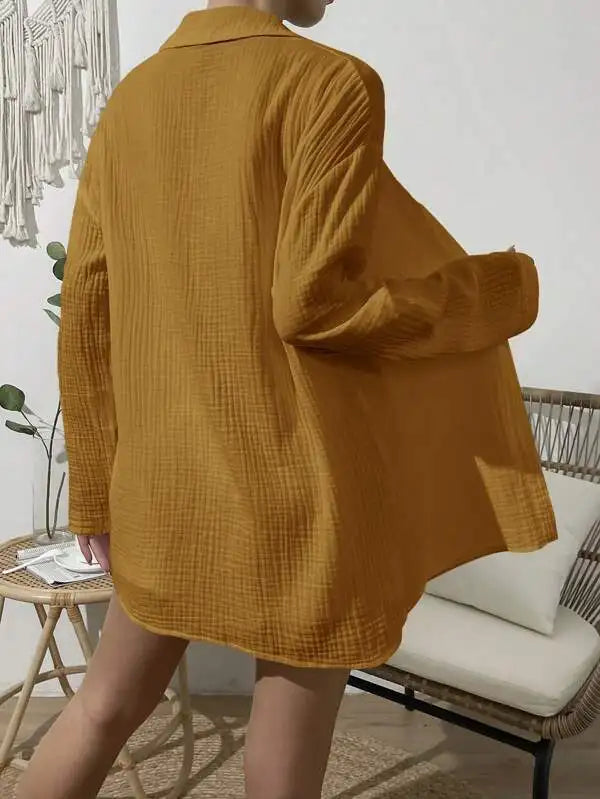 100% Cotton Gauze Muslin Sets For Women 2 Pieces Long Sleeve Shirts And Loose High Waist Mini Shorts Sets Ensemble Femme