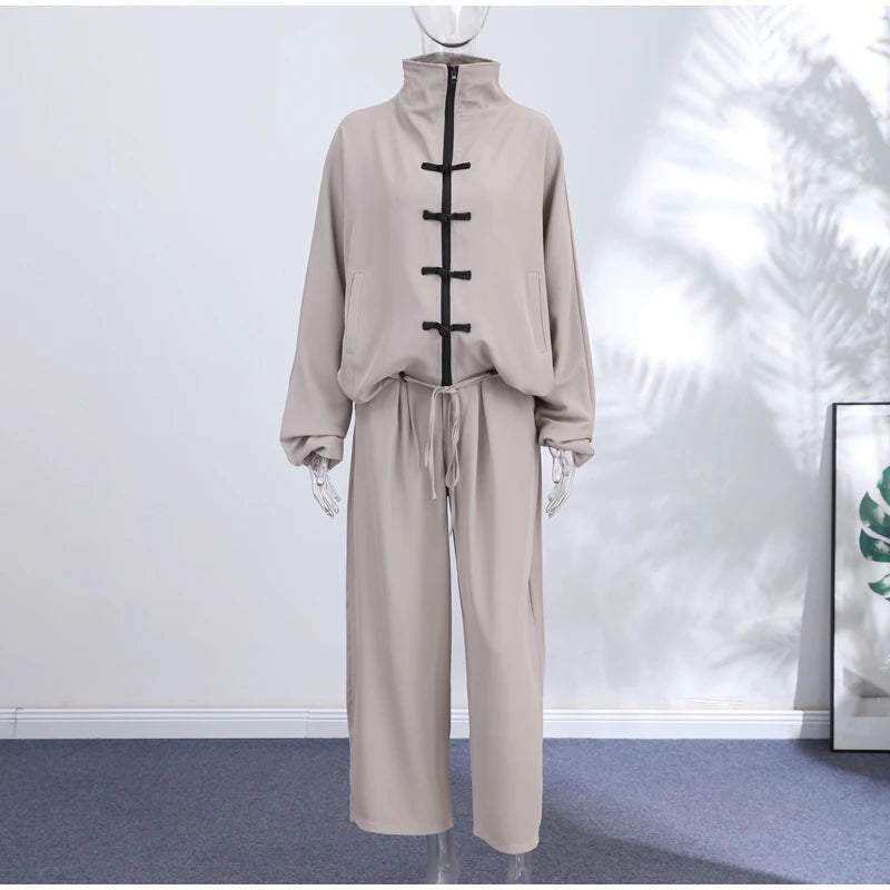 Casual Zipper Shirt Pants Suit Women Solid Button Stand Collar Drawstring Shirts Loose High Waist Trousers 2026 Spring Set Lady