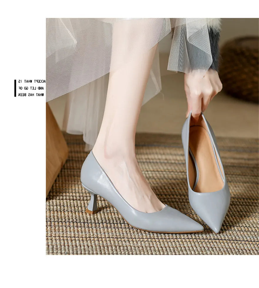 Soft Leather Concise Ladies Office Shoes 2026 Spring Shallow Comfort 6.0cm High Heels Women Pumps Dress Pointy Toe Wedding Shoes