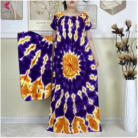 2025 Latest African Summer Short Sleeve Dress Tie-dyed Loose Boubou Maxi Islam Women Casual Dress Muslim Tradition Abaya Clothes