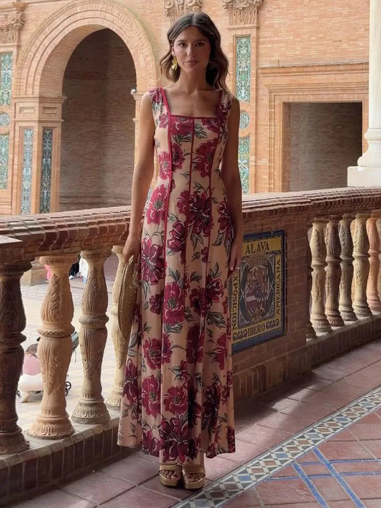 Sexy Printed Flower Long Women's Dress Sleeveless Waist-Closed Slash Neck Lady Dresses Summer Sling Vacation Holiday Robe