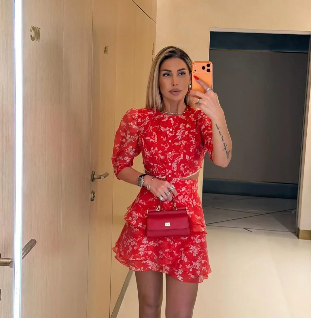 Women's Elegant 2 Piece Set Puff Sleeve Crop Top Ruffle Tiered Mini Skirt Suit Chic Co-ord Outfit  Summer Beach Vacation Outfit