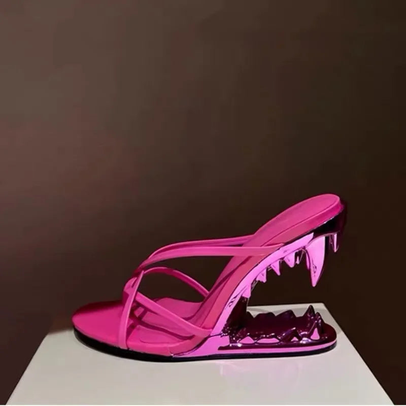 Spring Fashion Show, Teeth Shaped Heels, High Heels with Exposed Toes, Sloping Heels, Round Toe Fashion Women's Shoes