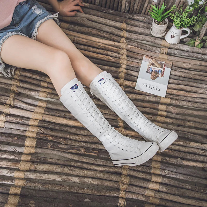 New Women's Canvas Boots Zip Shoes Comfortable Womens Shoes Flat High-top Female Sneakers Lace-up Knee-high Boots Bota Feminina