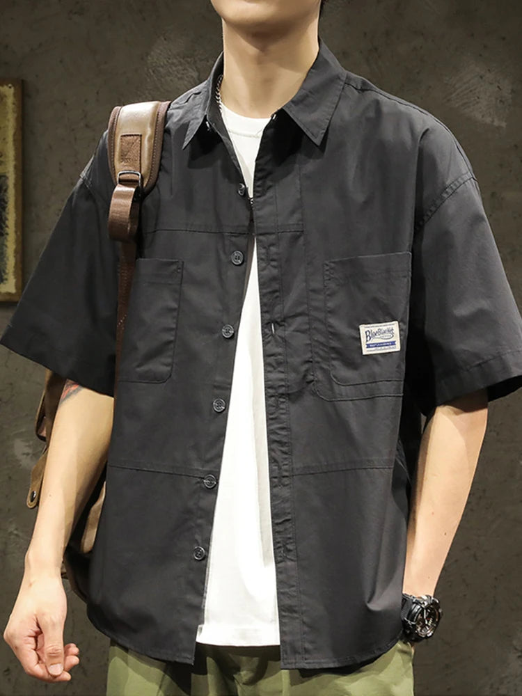 American Casual Short Sleeve Shirt For Men Summer Fashion Comfortable T-shirt 2026 New High Street Plain Lapel blouses hombre