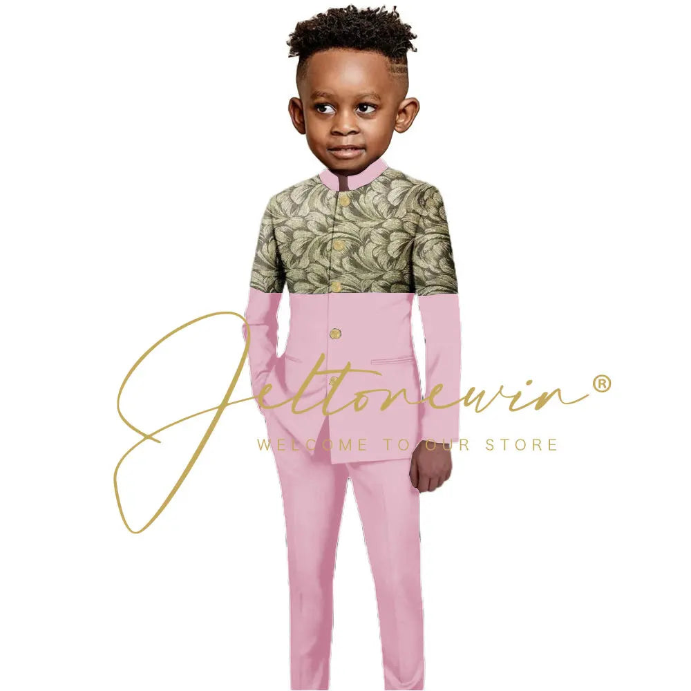 African Style Boys Suit Burgundy Gold Floral Jacket Pants 2 Piece Set Stand Collar Blazer Wedding Tuxedo Kids Formal Party Dress