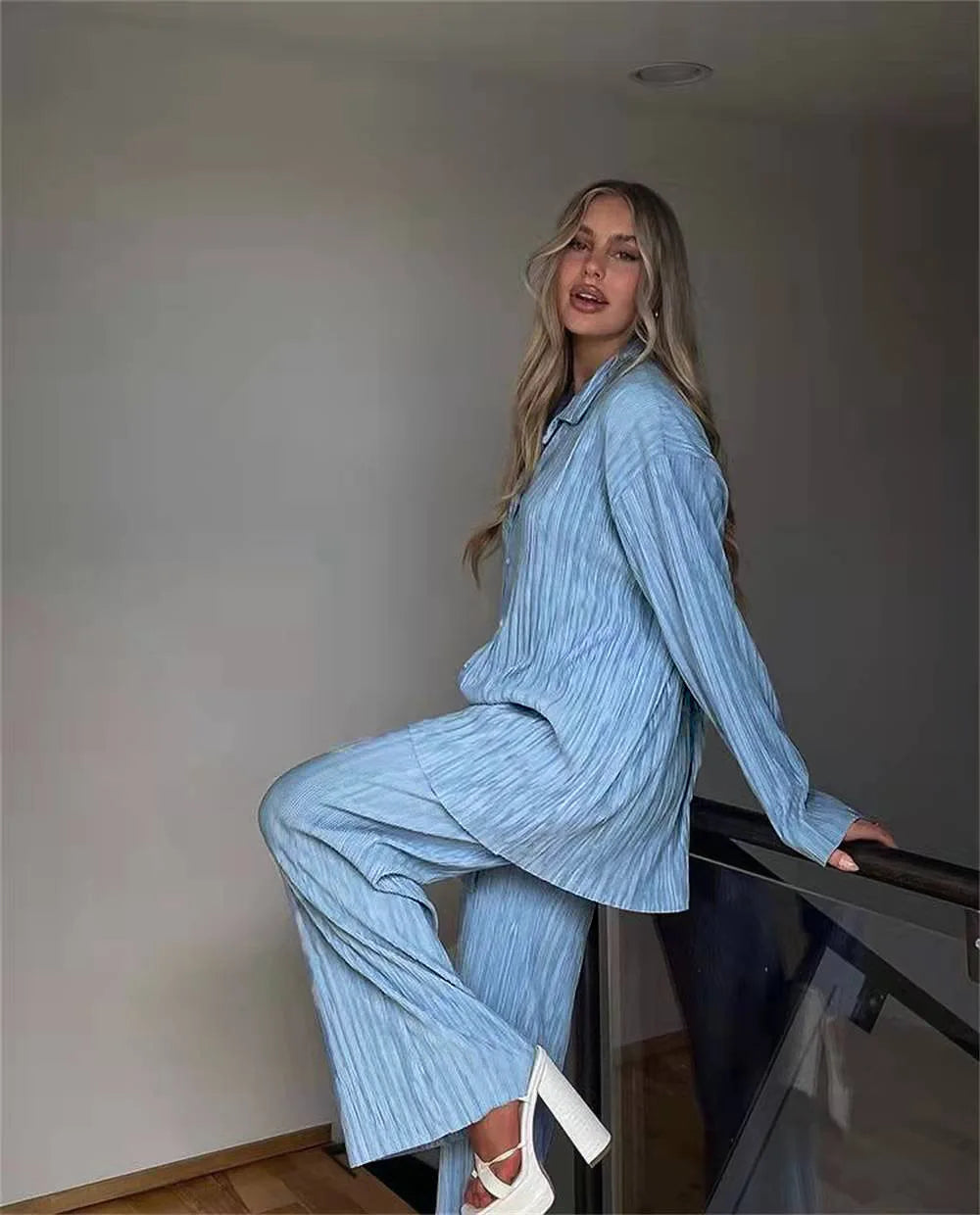 New Two Piece Set Women Outfits Pleated Women's Elegant  Drape Loose Sets Shirt High Waist Trousers Female Suit Fashion Casual
