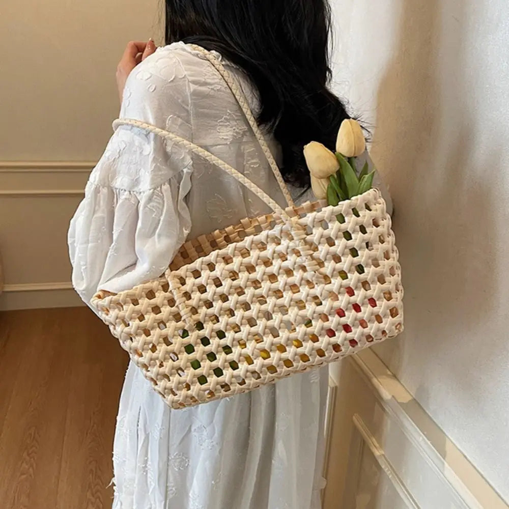 Simple Woven Women's Shoulder Bag Solid Color Large Capacity Tote Bag Hollow Handbag