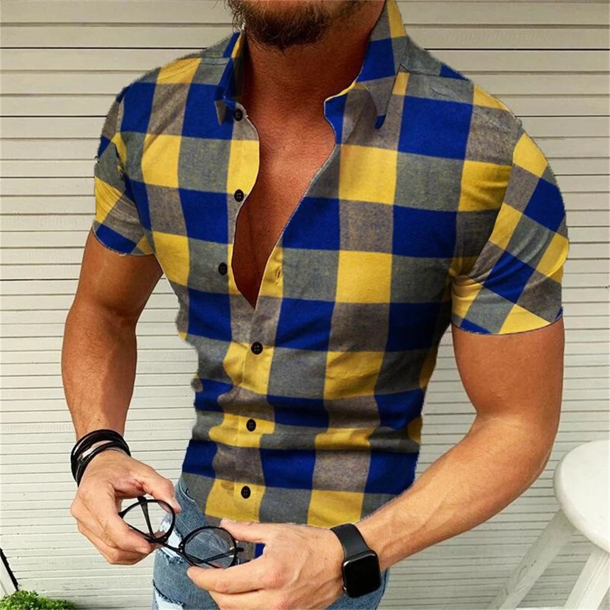 Men's spring and summer new fashion casual lapel short sleeve cardigan personalized printed shirt