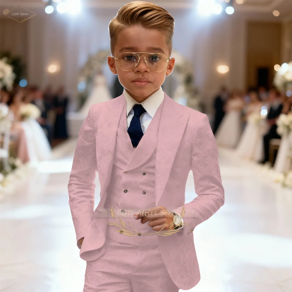 Kids Boys 3 Piece Intricate Jacquard Texture Blazer Suit Vest Trousers Elegant Gentleman Wedding Ceremony Formal Dress