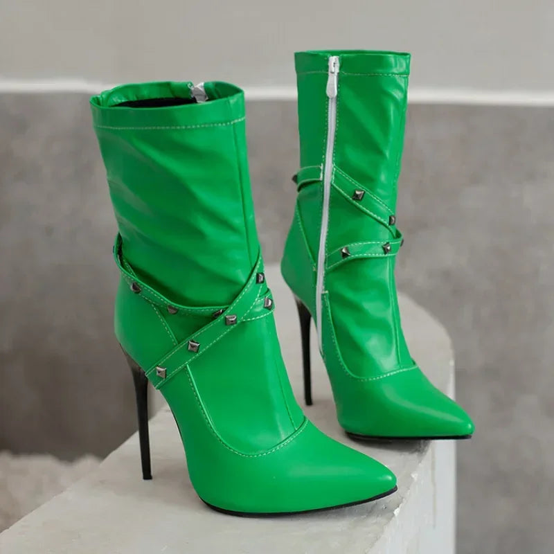 Autumn winter British style fashion high-heeled women's boots pointed toe Rivets party women's shoes high 12cm plus size 34-48