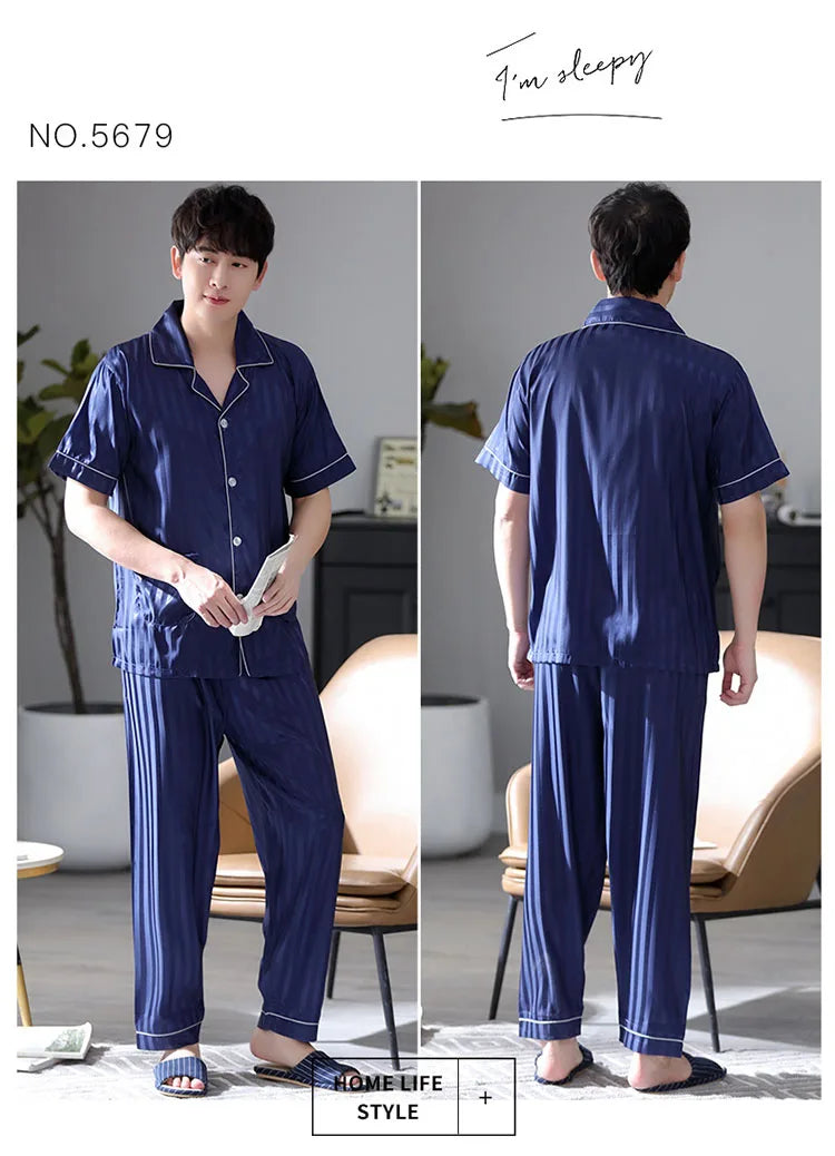 Summer Striped Men Sleepwear Suits Silk Mens Pajamas Turn-down Collar Cardigan Short Sleeve Long Pants Male Pyjamas