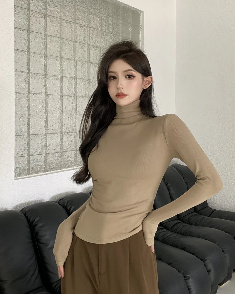 Warm Fce Lined High Collar Long Sve Base irt Women's Faionable Retro Versatile High Ne Base irt Trendy Commute ...