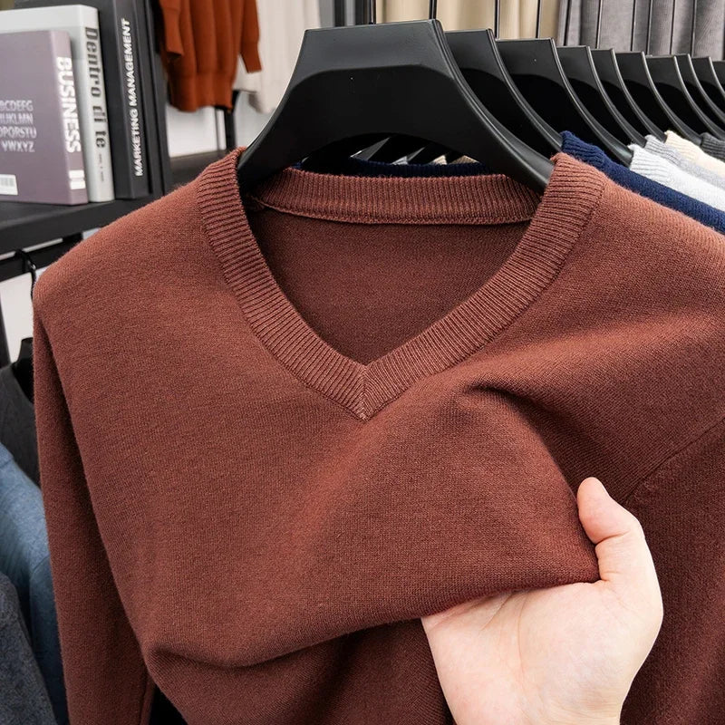 2026 Men's V-Neck Basic Solid Color Sweatshirt Warm Autumn Knitted Oversize Pullover Elastic round Neck Sweater for Casual Wear BAZAARHUBO