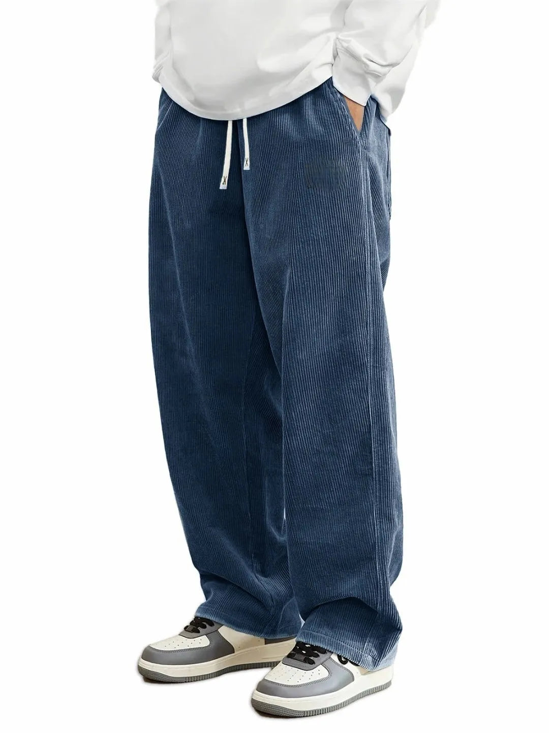 Summer Mens Corduroy Casual Pants, Loose Straight Fit Sweatpants with Elastic Waist & Drawstring, Men Outdoor Streetwear Trouser
