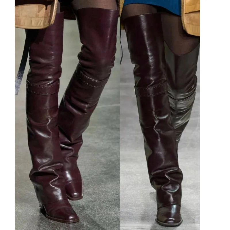 Elegant Temperament of European and American Women, Thick High Heels, Skirt Hem, Knee High Boots, Oversized Retro Knight Boots